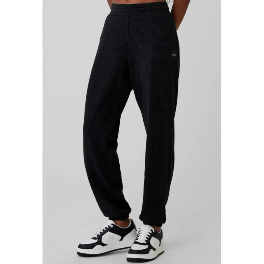 Alo Waffle Weekend Escape Joggers Black High-Rise Waist Thermal Sweats Sweatpant